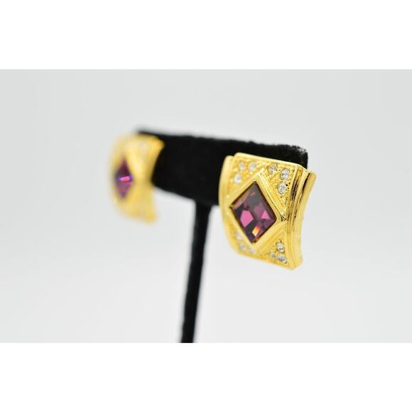 Vintage Crystal Earrings Sparkling Rhinestone Gold Purple NOS 1980s 9G - Picture 4 of 8